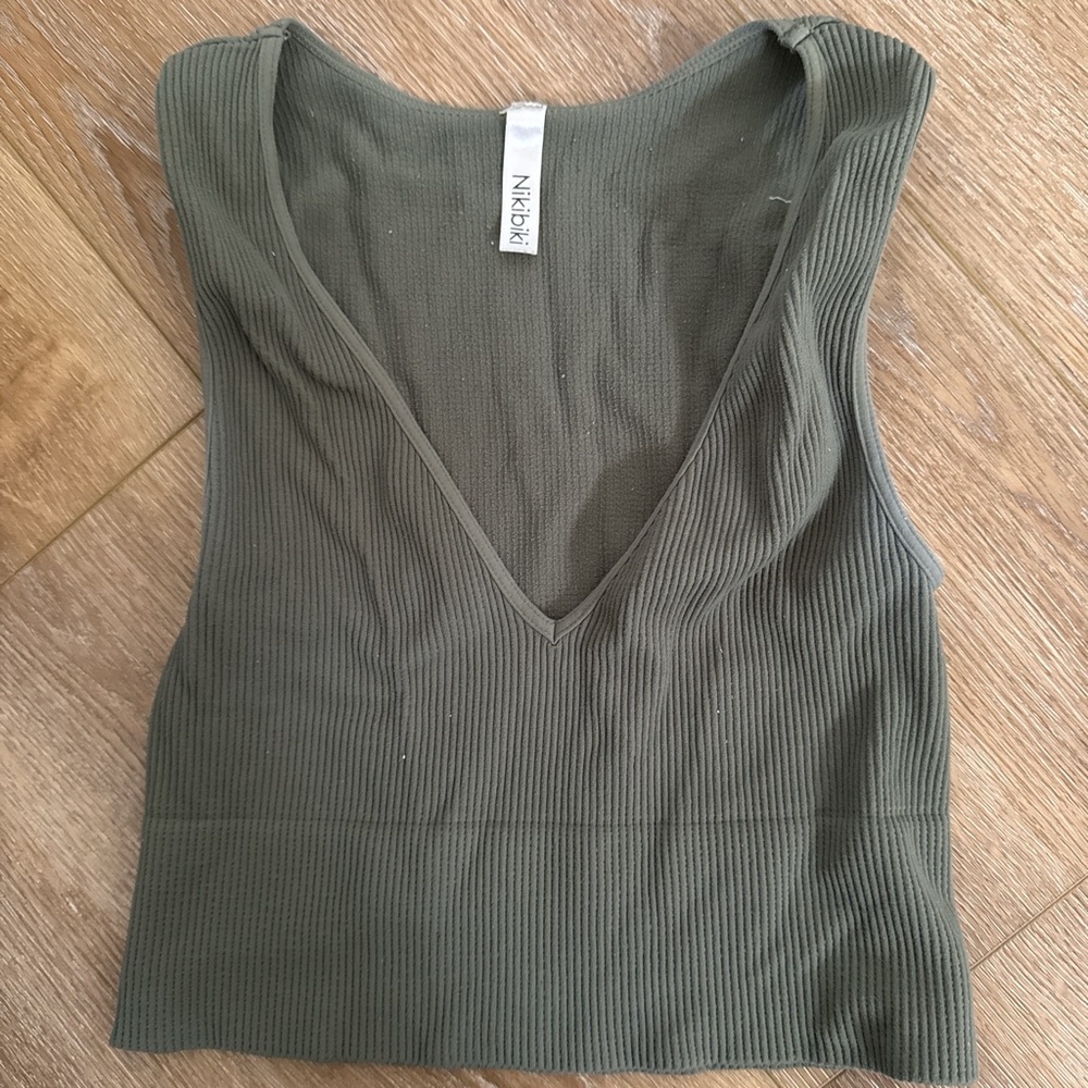 Nikibiki Deep V-Neck Ribbed Tank in Olive